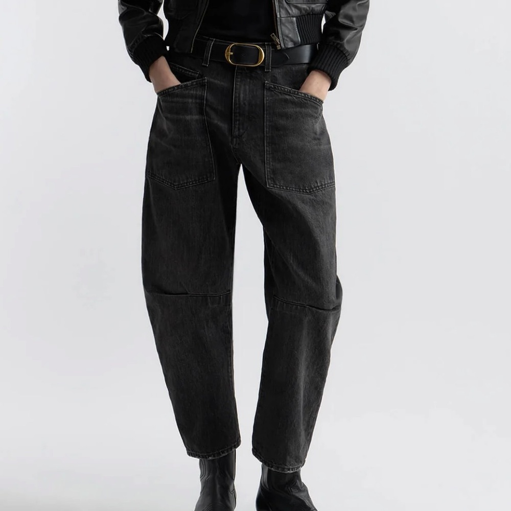 Nili Lotan Shon Mid-Rise Bow-Leg Denim Jean in Stone Black Wash size 25